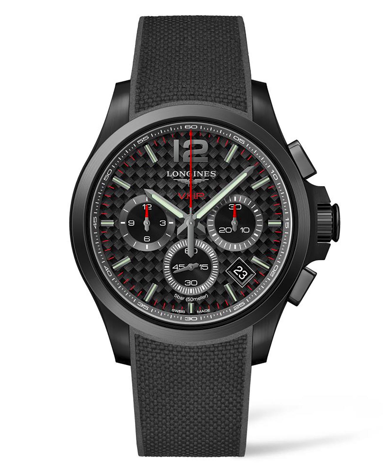 Longines Longines Conquest V.H.P. L3.717.2.66.9  L37172669 кварцевые мужские часы черный циферблат, браслет каучук — вид спереди
